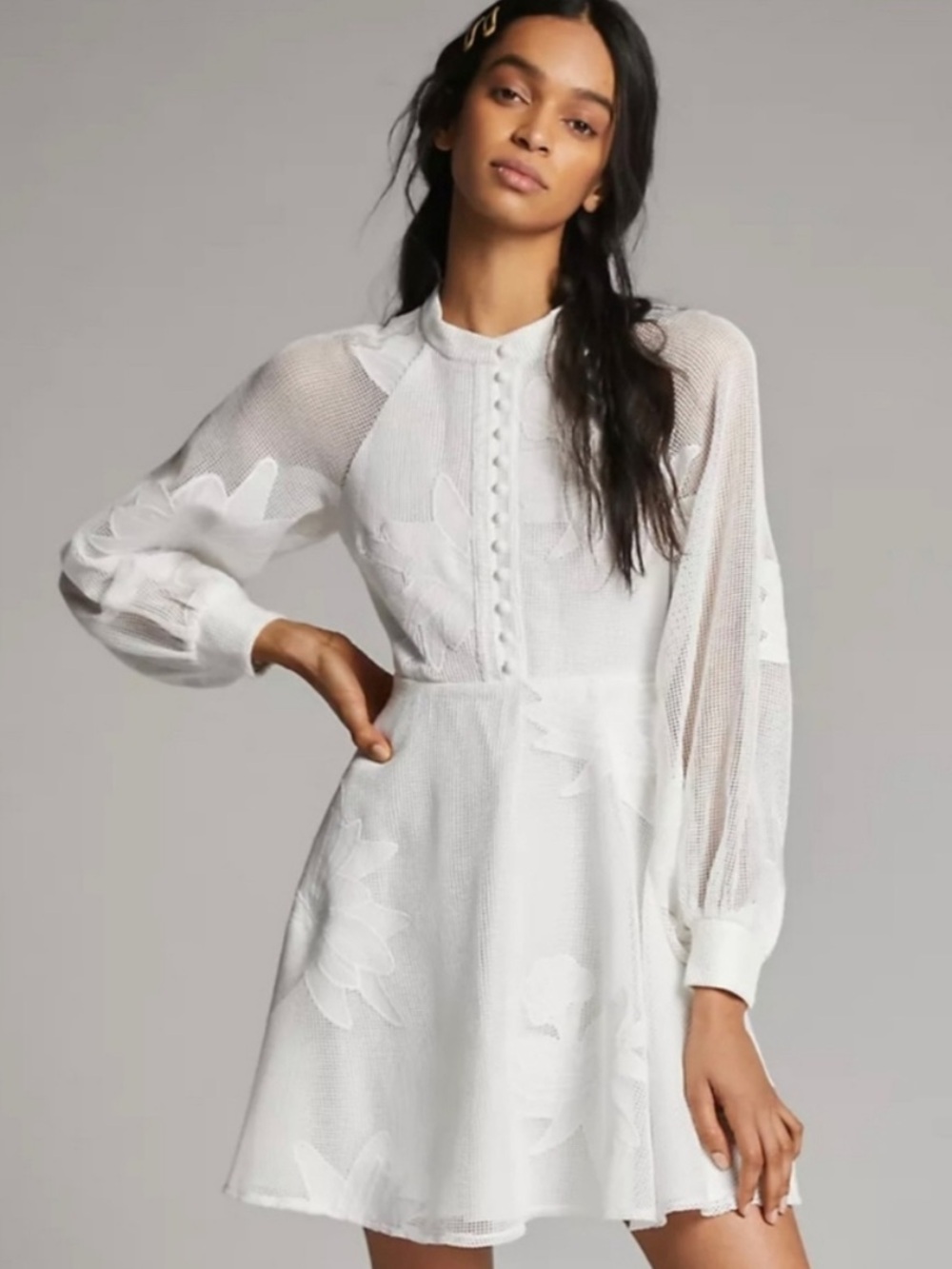 Mare Mare X Anthropologie White Floral Lace Long-Sleeve Mini Dress: Wedding Vibe